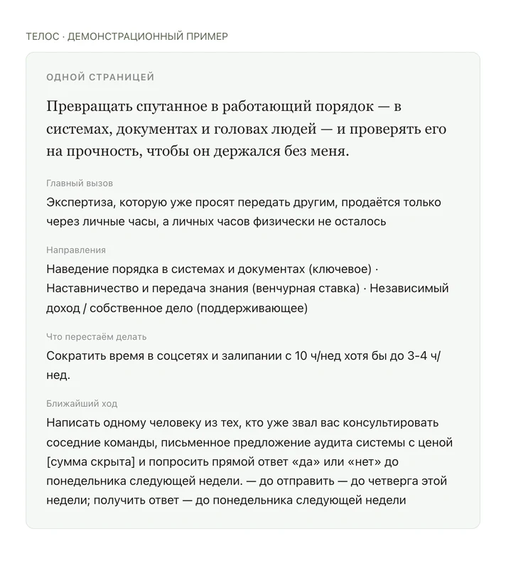 Демонстрационная стратегия: превращать спутанное в работающий порядок; главный вызов — экспертиза продаётся только через личные часы; следующий шаг — проверить отдельный формат работы.